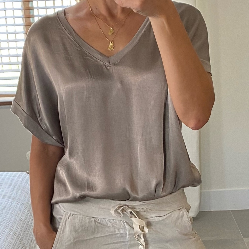 NWT Taupe Satin Feel V-Neck Blouse